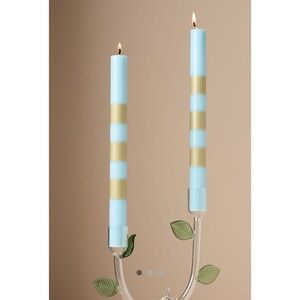 Anthropologie Striped Taper Candles Set of 2 Light Blue Gold 9.8 Inch 7hr Burn